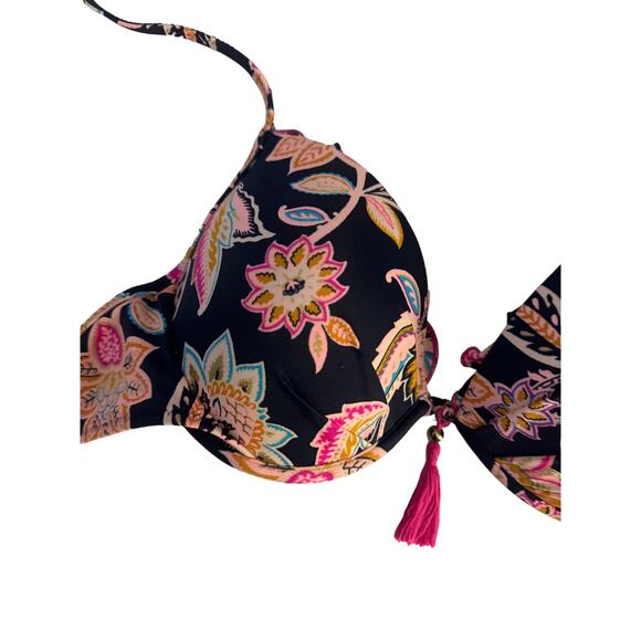 Shade & Shore Navy Blue & Pink Print Push-Up Halter Bikini Top Women's 34C - Picture 3 of 12